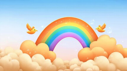 Fototapeta premium A vibrant, colorful rainbow with orange birds flying over soft, fluffy clouds in a serene sky.