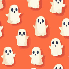Cute and Funny Flat Design Halloween Cartoon of White Ghost in Various Costumes Vector Illustration Isolated on Yellow Background.