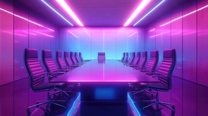 Corporate Meeting Room with Sci-Fi Design, Featuring Neon Lights and Sleek Furniture for a Futuristic Business Environment