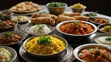 Fototapeta premium Authentic Indian Thali with Rice, Bread, and Curries