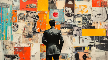 Business process. Contemporary art collage made of shots of young men, managers working hardly isolated over grey background, Concept of art, finance, career, co-workers, team. Vector illustration