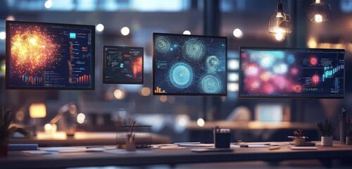 Obraz premium A serene workspace with floating digital screens displaying abstract ideas and colorful patterns, evoking a brainstorming session.