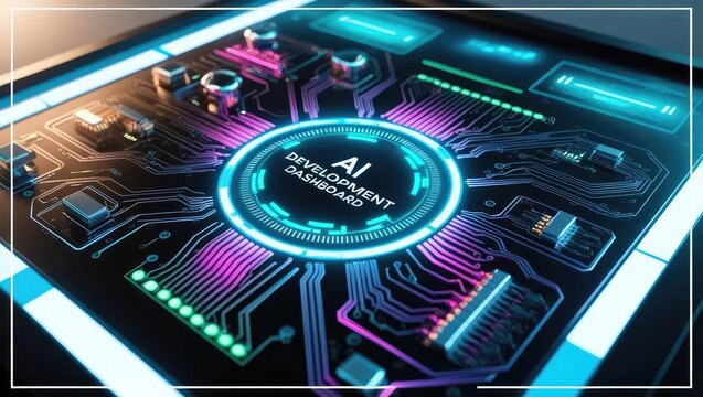 A futuristic circuit board design featuring glowing elements and the text "AI Performance Monitoring.