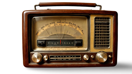 Vintage wooden radio with classic dials and speakers, retro audio device on white background