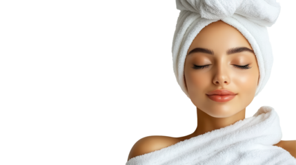 Serene woman with towel wrapped around head a picture of relaxation, skincare, and wellness.