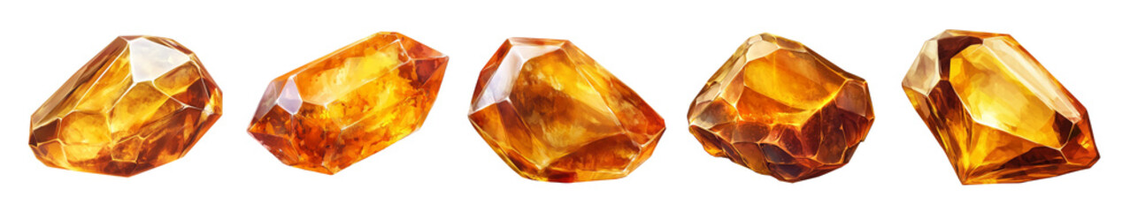 set of Amber gemstones isolated on transparent and white background, old vintage illustration. PNG 