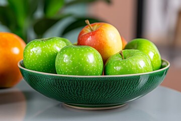 Group of different apple varieties in a bowl, showcasing a variety of colors and shapes in a homely kitchen