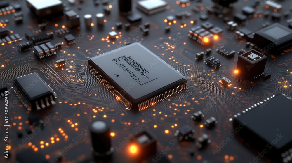 Poster close-up of a microprocessor on a printed circuit board with glowing connections, showcasing intrica
