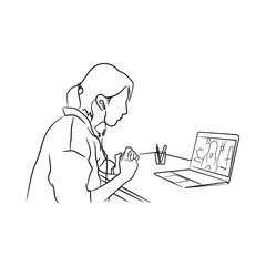 Illustration of Businesswoman using a laptop to talk to coworkers in a video call meeting, Business Vector 