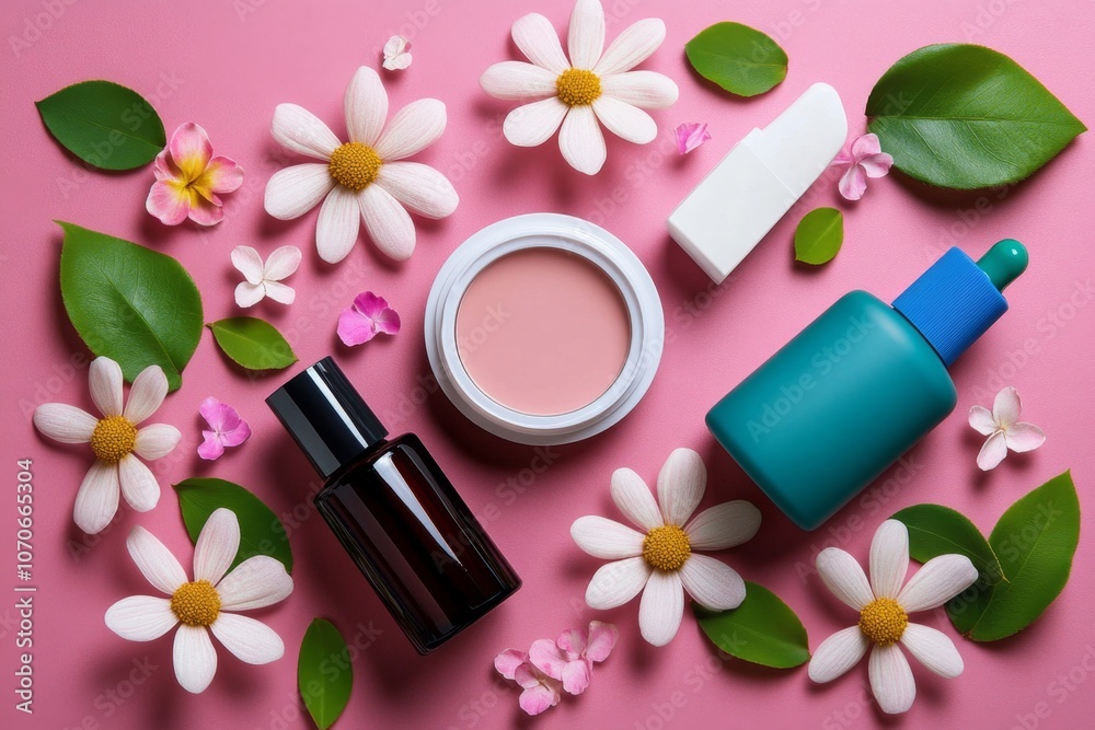 Poster illustration of skincare items with simple lines and soft pastel colors on a plain background