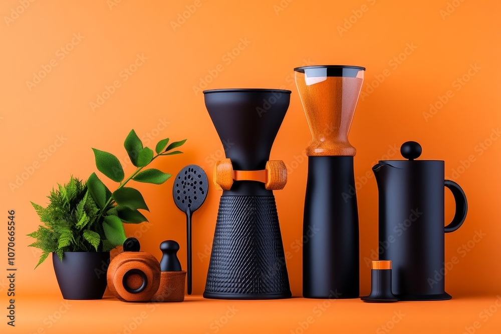 Poster minimalist design of coffee brewing tools with clean shapes, set against a soft pastel background