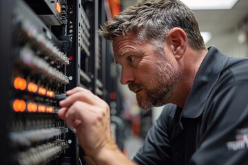 A technician focuses intently on a row of illuminated server controls, adjusting settings in a data center. The atmosphere is busy, reflecting the critical nature of the work in maintaining systems