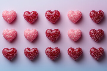 Red and pink candy hearts arranged in rows.
