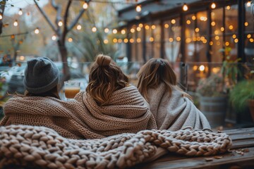 Three friends sit together on a bench, wrapped in warm blankets, sipping drinks as they enjoy the cozy atmosphere of an illuminated cafe on a chilly autumn evening