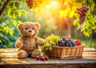 Cozy Teddy Bear on a Table Surrounded by Grapes and a Bamboo Basket - A Whimsical Still Life Scene for Home Decor and Lifestyle Photography
