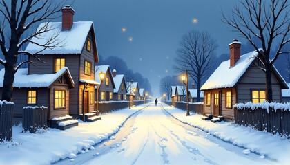Fototapeta premium Watercolor painting, snowy village street at night with soft yellow lights glowing from the windows, quiet and serene mood, a single figure walking in the distance
