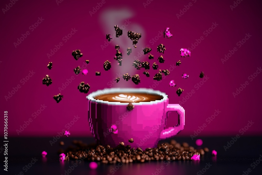 Poster pixel art of a coffee cup with steam rising, created in a retro 8-bit style, capturing nostalgic cha