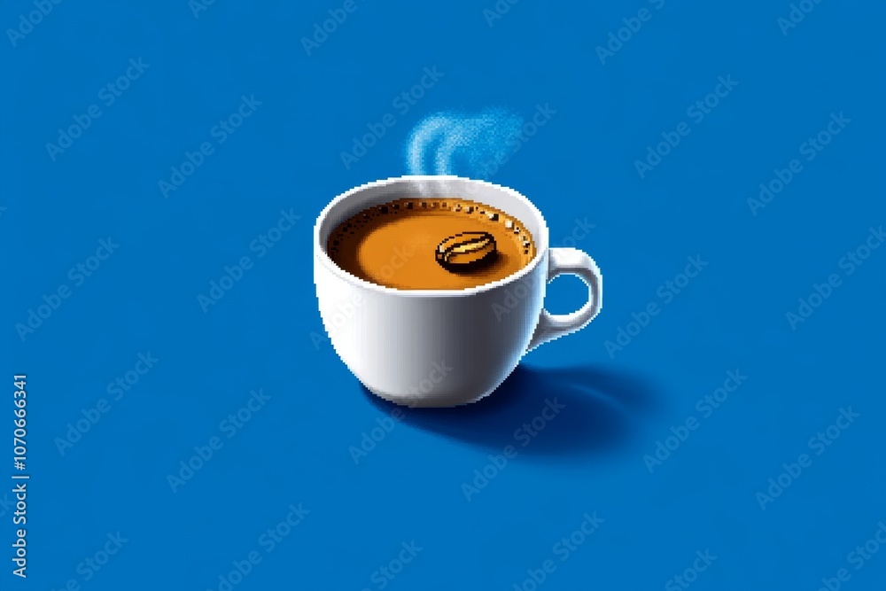 Poster pixel art of a coffee cup with steam rising, created in a retro 8-bit style, capturing nostalgic cha