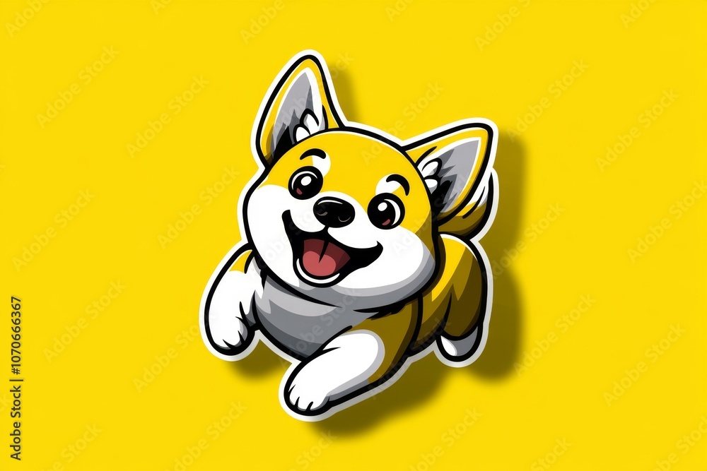 Poster pixel art of a playful dog in 8-bit style, with simple shapes and retro colors capturing a nostalgic