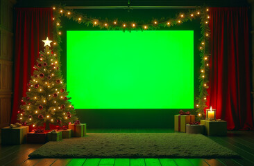 Festive home Christmas background with a decorated Christmas tree, lights and a huge TV green screen in the middle of the room. Mock up, copy space - Powered by Adobe