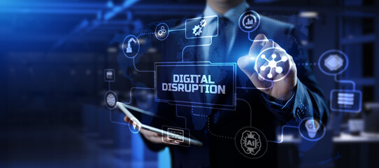 Digital disruption industry transformation technology revolution concept. Businessman pressing button on screen.