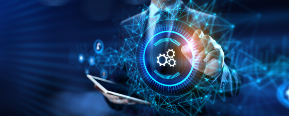 Gears icons business process automation innovation technology concept. Businessman pressing button on screen.