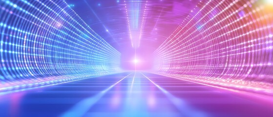 A long blue tunnel with a bright light in the middle