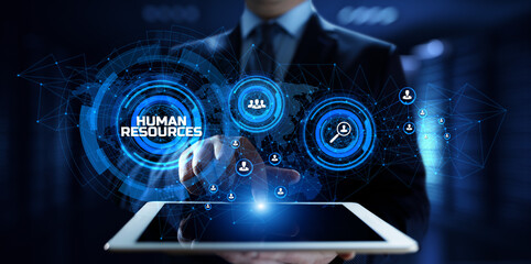 HR Human resources management Recruitment Headhunting. Businessman pressing button on screen.