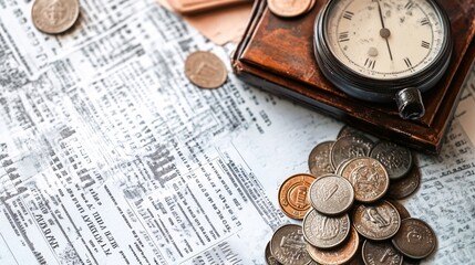 Time and Money: Vintage Pocket Watch and Coins on Antique Newspaper - Powered by Adobe