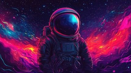 Astronaut in Bold, Artistic Illustration with a Cosmic Twist – Vibrant Colors and Nebulae Set the Stage for a Creative Depiction of Space Exploration and Cosmic Wonder