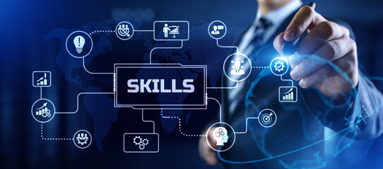 Skills education and personal development concept. Businessman pressing button on screen.