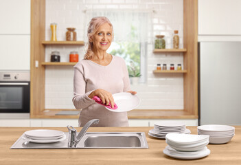 Woman wiping clean dishes with a cloth