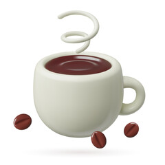 Coffee cup with flying beans 3d emoji. Cute white mug with black hot espresso or americano three dimensional realistic vector illustration isolated on white background.