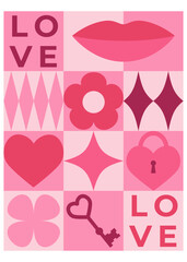 Valentine's day greeting card with pink elements and geometric shapes. Template for Valentine holiday design