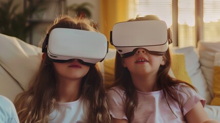 Siblings playing with VR headsets, enjoying an interactive gaming session in a modern room.