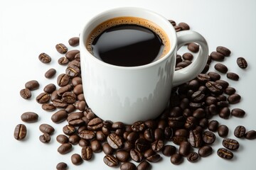Simple illustration of a coffee mug with coffee beans around it, on a white background for a clean look