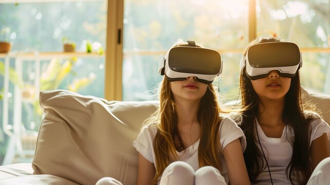 Two kids having fun with virtual reality gear in a brightly lit room.