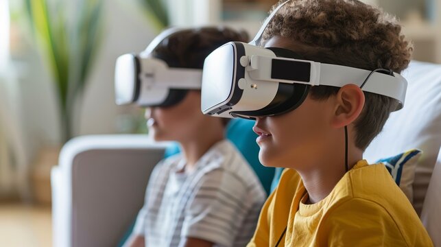 Young friends exploring virtual reality games, completely engaged in their VR experience. - Powered by Adobe