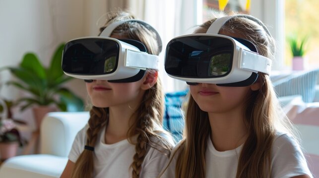 Children exploring imaginative worlds via VR technology at home.