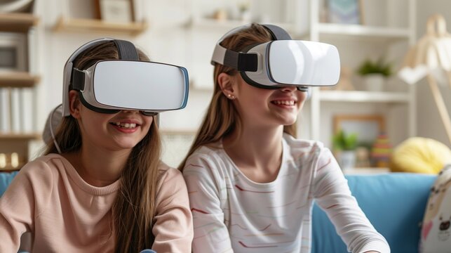 Duo of children interacting with virtual reality, discovering new adventures together.