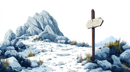 a 2D cartoon illustration of a mountain trail with a signpost, adventurous and scenic, white background--ar 16:9