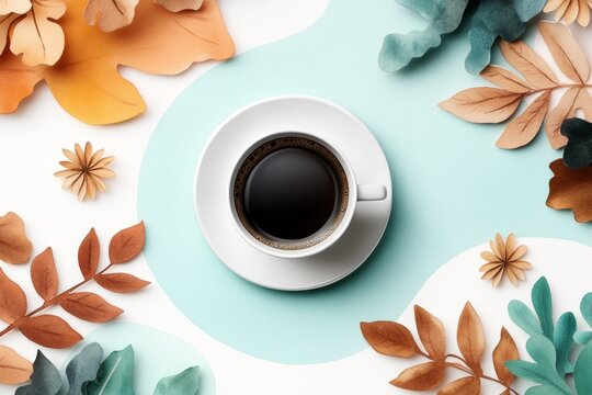 Watercolor painting of a cozy coffee setup with a cup and saucer, surrounded by soft, blended colors