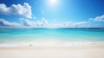 A serene ocean view with turquoise waters and fluffy clouds under a bright sun, evoking tranquility and warmth.