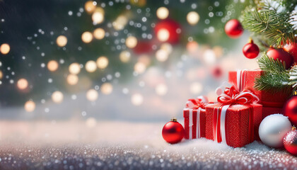 Obraz premium Święta, kartka świąteczna z miejscem na tekst i życzenia, Merry Christmas, Boże Narodzenie, prezenty, gwiazdka, zielone tło 