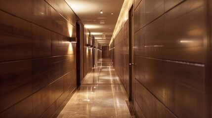 A sleek hotel hallway leads to the elevator, with soft lighting casting a warm glow. The clean, modern design creates a welcoming atmosphere, guiding guests effortlessly toward their next destination.