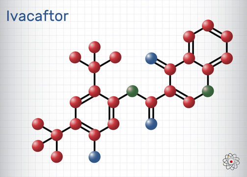 Ivacaftor molecule. Used for treatment of cystic fibrosis. Molecule model. Sheet of paper in a cage. Vector