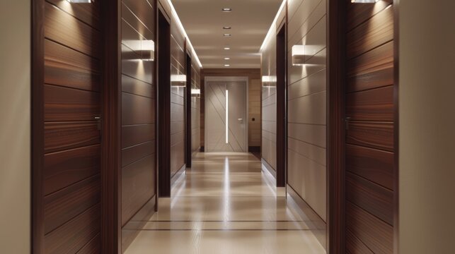 A sleek hotel hallway leads to the elevator, with soft lighting casting a warm glow. The clean, modern design creates a welcoming atmosphere, guiding guests effortlessly toward their next destination.