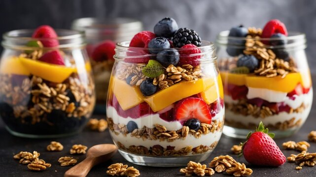 A vibrant display of yogurt parfaits layered with fruits, granola, and a spoon for serving. - Powered by Adobe