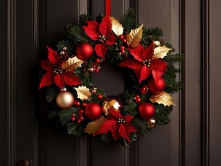 A festive Christmas wreath adorned with red poinsettias, ornaments, and gold accents, hung on a dark door.
