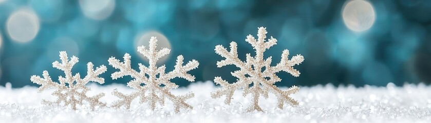 Delicate snowflakes rest on a soft white surface with a shimmering blue background, evoking a serene winter atmosphere.